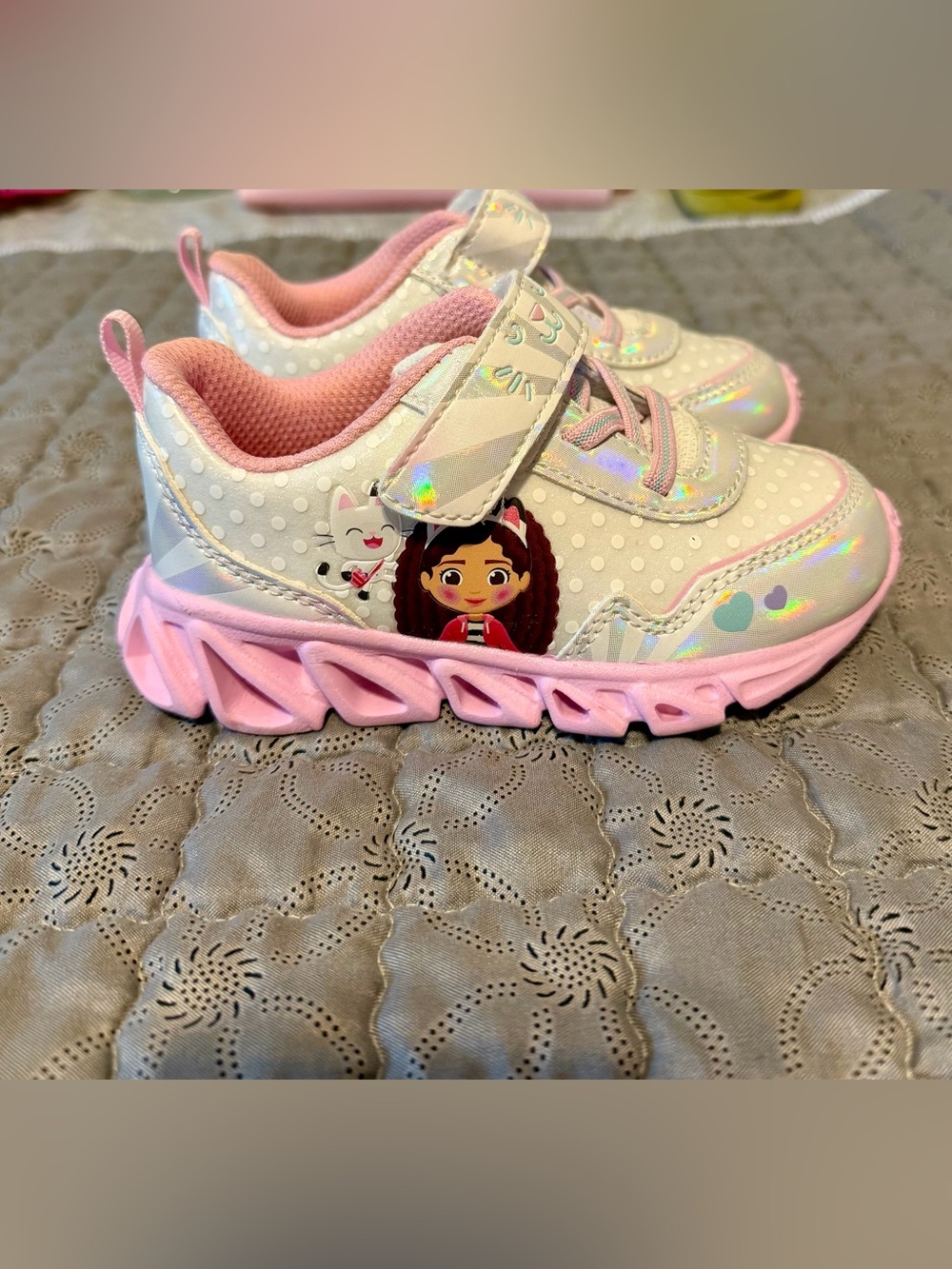 Girls' Pink Holographic light up Character Sneakers with Easy Velcro